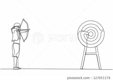 Single one line drawing businesswoman trying to shoot target with blindfold. Trying to achieve goal without vision. Blindfold woman holding bow arrow looking for target. Continuous line design vector 127051178