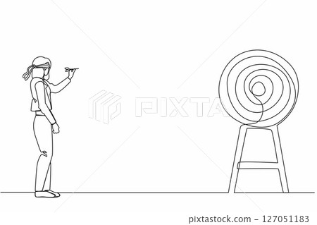 Single one line drawing cute businesswoman using blindfold and hit dart target. Confused blindfold businesswoman trying to hit target with dart. Continuous line draw design graphic vector illustration 127051183