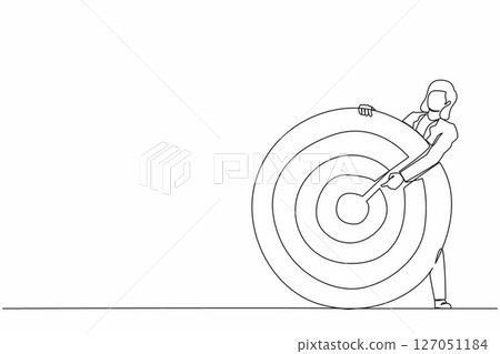 Continuous one line drawing businesswoman holding archer target or dashboard pointing at bullseye. Focus on business target, setting goal for motivation. Single line design vector graphic illustration 127051184