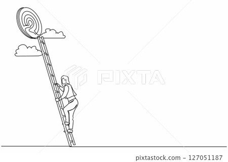 Continuous one line drawing stairs to goal. Cute businesswoman in blazer rises up stairs to top of target. Business concept. Achieving goal. Ladder sky. Strategy to aim. Single line draw design vector Continuous one line drawing stairs to goal. Cute businesswoman in blazer rises up stairs to top of target. Business concept. Achieving goal. Ladder sky. Strategy to aim. Single line draw design vector 127051187