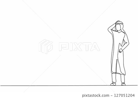Single one line drawing Arabian businessman confused with hand on head for mistake, remember error. Forgot, bad memory. Headache pain or stress. Continuous line draw design graphic vector illustration Single one line drawing Arabian businessman confused with hand on head for mistake, remember error. Forgot, bad memory. Headache pain or stress. Continuous line draw design graphic vector illustration 127051204
