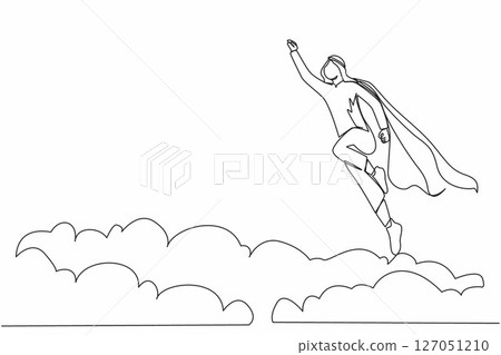 Continuous one line drawing super Arabian businessman flying up from cloud. Business leadership. Business finance success concept. Creative idea. Single line draw design vector graphic illustration 127051210