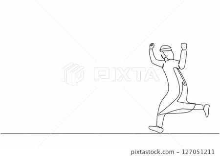 Single one line drawing happy Arabian businessman running. Business concept. Late for work. Successful man run for work. Business people. Modern continuous line draw design graphic vector illustration Single one line drawing happy Arabian businessman running. Business concept. Late for work. Successful man run for work. Business people. Modern continuous line draw design graphic vector illustration 127051211
