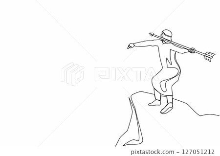 Single continuous line drawing strong Arabian businessman throwing rising up arrow to achieve goal. Business growth, success and improvement concept. One line draw graphic design vector illustration Single continuous line drawing strong Arabian businessman throwing rising up arrow to achieve goal. Business growth, success and improvement concept. One line draw graphic design vector illustration 127051212
