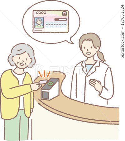 An elderly woman holds her My Number card over a reader at a hospital 127051324