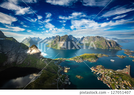 Amazing landscape of the Lofoten Islands from the top of Reinebringen Mountain with blue sky , county of Nordland, Norway. 127051407