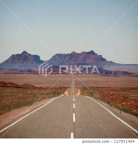 Wilderness road leading to a rocky mountain (Monument Valley style) 127051484