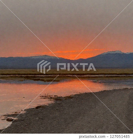 Waterside of the grassland and snow-capped mountains at twilight 127051485