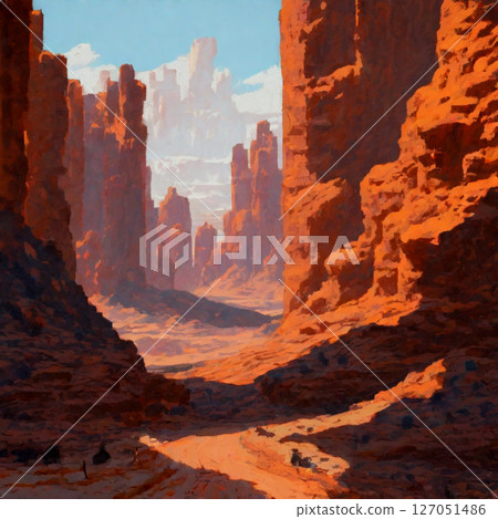 A desolate, Grand Canyon-like giant valley and blue sky 127051486