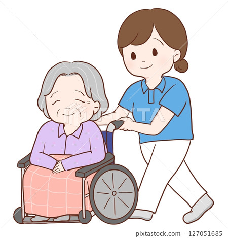 護理人員推著輪椅（彩色） 127051685