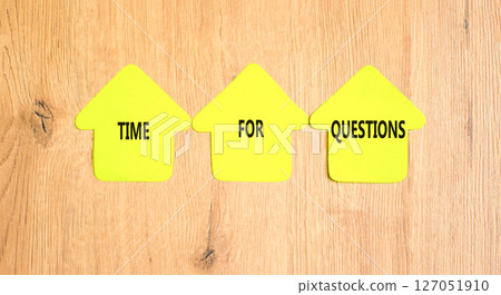 Time for questions symbol. Concept words Time for questions on beautiful yellow paper houses. Beautiful wooden background. Business time for questions concept. Copy space. Time for questions symbol. Concept words Time for questions on beautiful yellow paper houses. Beautiful wooden background. Business time for questions concept. Copy space. 127051910