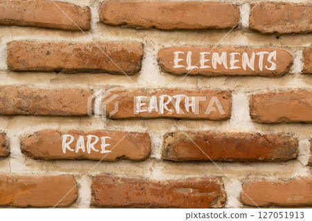 Rare earth elements symbol. Concept words Rare earth elements on beautiful brown brick wall. Beautiful brown brick wall background. Business and rare earth elements concept. Copy space. 127051913