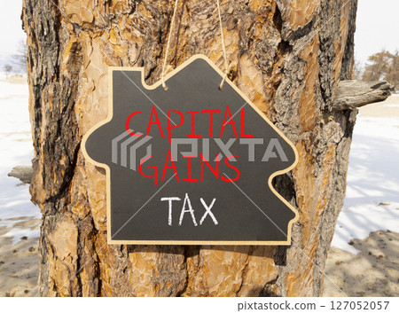 Capital gains tax symbol. Concept words Capital gains tax on beautiful blackboard. Beautiful old tree and sand beach background. Business and capital gains tax concept. Copy space. 127052057