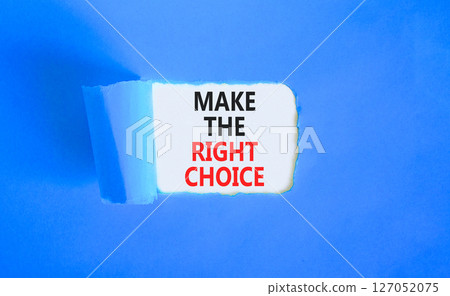 Make the right choice symbol. Concept words phrase Make the right choice on beautiful white paper. Beautiful blue paper background. Business Make the right choice concept. Copy space. Make the right choice symbol. Concept words phrase Make the right choice on beautiful white paper. Beautiful blue paper background. Business Make the right choice concept. Copy space. 127052075