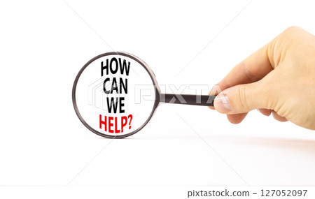 How can we help symbol. Concept words How can we help on beautiful magnifying glass. Beautiful white table white background. Businessman hand. Business and how can we help concept. Copy space. How can we help symbol. Concept words How can we help on beautiful magnifying glass. Beautiful white table white background. Businessman hand. Business and how can we help concept. Copy space. 127052097