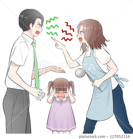 一個女孩被夾在爭吵的父母中間，摀住耳朵哭泣的插圖 127052116