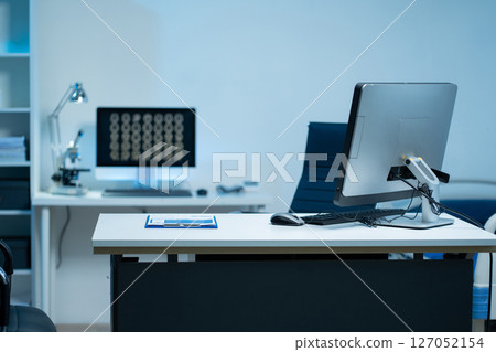 Workspace with computer, keyboard, coffee cup and Mouse with Blank or White Screen Isolated is on the work table. Workspace with computer, keyboard, coffee cup and Mouse with Blank or White Screen Isolated is on the work table. 127052154