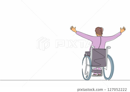 Single one line drawing back view businesswoman sitting in wheelchair, raising arms in happiness, rehabilitation concept. Happy person raising her hands up for joy. Continuous line draw design vector Single one line drawing back view businesswoman sitting in wheelchair, raising arms in happiness, rehabilitation concept. Happy person raising her hands up for joy. Continuous line draw design vector 127052222