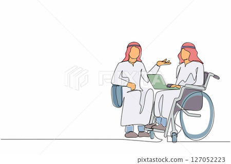 Single one line drawing employee with disabilities and inclusion work together. Disabled Arab male on wheelchair with coworker sit communicate using laptop. Continuous line draw graphic design vector 127052223