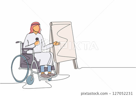 Single continuous line drawing Arabian businessman on wheelchair using microphone, presentation infographics on flip chart at weekly office report meeting. One line graphic design vector illustration 127052231