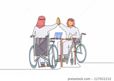 Continuous one line drawing two disabled Arab men give high five coworker. Office worker sitting in wheelchair joy. Colleague celebrating success. Good job sign. Single line design vector illustration 127052232
