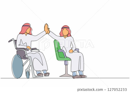 Single one line drawing happy disabled Arabian man give high five coworker. Office worker sitting in wheelchair joy. Colleague celebrating success. Good job sign. Continuous line design graphic vector 127052233