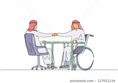 Single continuous line drawing disability employment. Disabled Arabic man sit in wheelchair shaking hand with boss or colleague in office introducing new workplace. One line draw graphic design vector 127052234