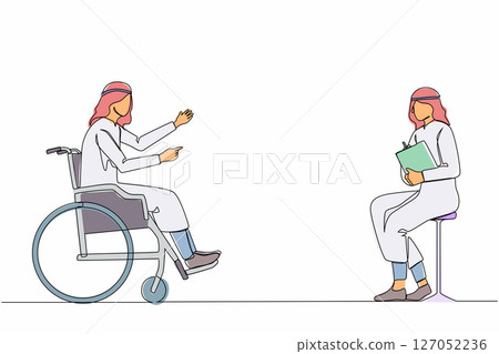 Continuous one line drawing disabled Arab man at job interview in office. Person in wheelchair talking with employer. Job interview, workday, social help. Single line draw design vector illustration Continuous one line drawing disabled Arab man at job interview in office. Person in wheelchair talking with employer. Job interview, workday, social help. Single line draw design vector illustration 127052236