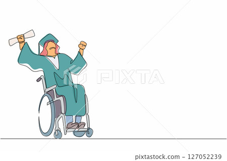 Single continuous line drawing disabled bachelor, inclusive education concept. Young happy Arab man graduate master holding diploma in hand sitting in wheelchair. One line draw graphic design vector 127052239