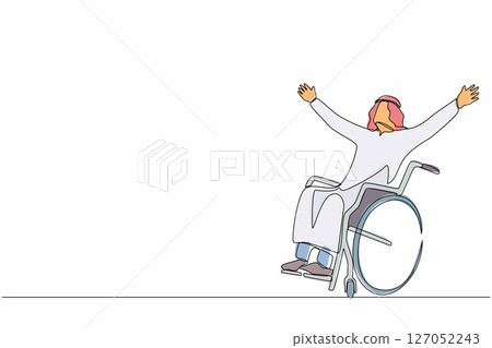 Single continuous line drawing Arabian man sitting in wheelchair, raising hands in happiness, rehabilitation concept. Happy young man in wheelchair. One line draw graphic design vector illustration Single continuous line drawing Arabian man sitting in wheelchair, raising hands in happiness, rehabilitation concept. Happy young man in wheelchair. One line draw graphic design vector illustration 127052243