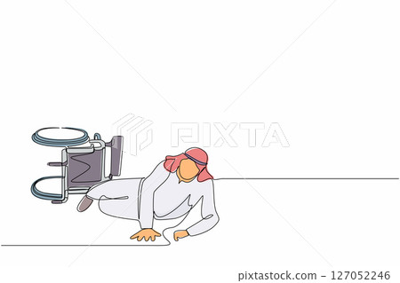 Single one line drawing Arabian businessman fell off wheelchair sitting on floor. Disabled male patient accident falling down and crawling for help in hospital room. Continuous line draw design vector 127052246