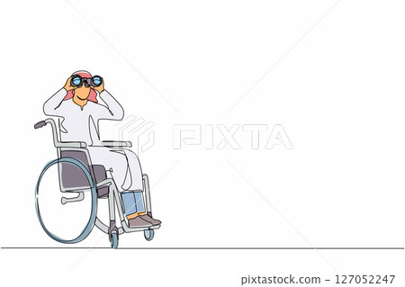 Continuous one line drawing successful Arab businessman in wheelchair with binocular looks for new ideas, solutions, decisions. Discover opportunities concept. Single line draw design vector graphic 127052247