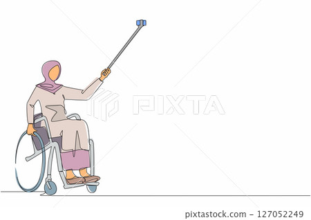 Continuous one line drawing Arabian female young wheelchair user taking selfie with phone and stick. Society and disabled people community concept. Single line draw design vector graphic illustration 127052249