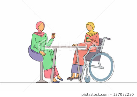 Single continuous line drawing two Arabian businesswomen talk at business meeting. Colleagues have coffee break. Disability male drinks coffee with her friend. One line draw design vector illustration 127052250