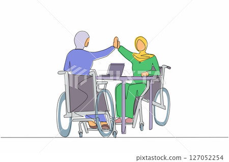 Continuous one line drawing two disabled Arabian women give high five coworker. Office worker sitting in wheelchair joy. Colleague celebrating success. Good job sign. Single line design vector graphic 127052254