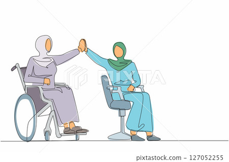 Single continuous line drawing happy disabled Arab woman give high five coworker. Office worker sitting in wheelchair joy. Colleague celebrating success. Good job sign. One line graphic design vector 127052255