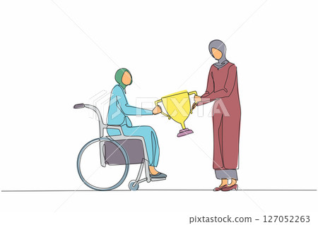 Single continuous line drawing disabled Arab woman on wheelchair accept winner trophy cup. Achievement and victory. Disability people success in sport and business. One line draw graphic design vector 127052263