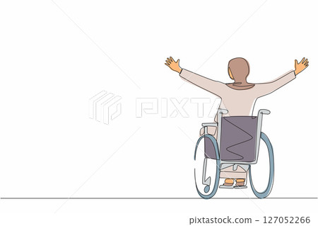 Single continuous line drawing back view Arab businesswoman sitting in wheelchair, raising arms in happiness, rehabilitation. Happy person raising her hands up for joy. One line graphic design vector 127052266