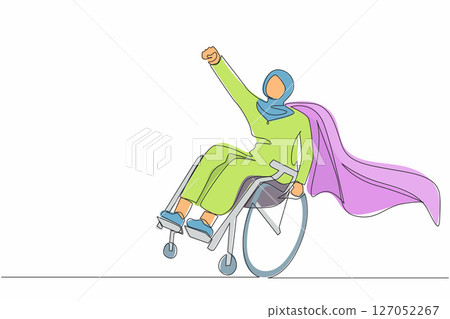 Single one line drawing disable Arabian woman sitting in wheelchair character concept. Superhero with disability, power of mind. Never give up. Continuous line draw design graphic vector illustration Single one line drawing disable Arabian woman sitting in wheelchair character concept. Superhero with disability, power of mind. Never give up. Continuous line draw design graphic vector illustration 127052267