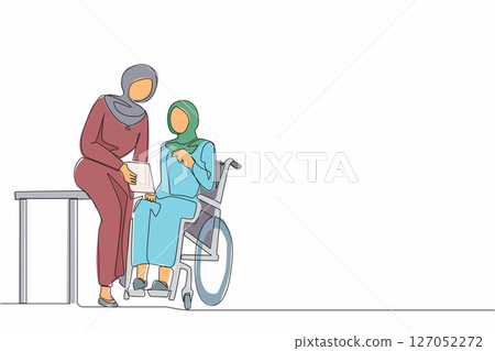 Single continuous line drawing Arabian businesswoman sitting on wheelchair presenting business graph on paper to manager. Corporate colleagues in the modern office. One line draw graphic design vector 127052272