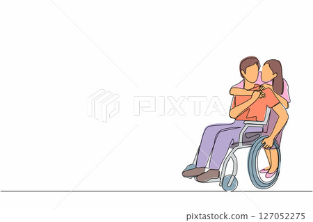 Single one line drawing man in wheelchair after car accident and his wife to give encouragement. Mutual care has made people with disabilities equality in society. Continuous line draw design vector 127052275