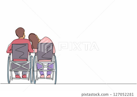 Single one line drawing back view couple with disabilities sit in wheelchairs talking each other. Woman rests her head on man's shoulder. People with disability. Continuous line draw design vector Single one line drawing back view couple with disabilities sit in wheelchairs talking each other. Woman rests her head on man's shoulder. People with disability. Continuous line draw design vector 127052281