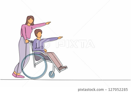 Single one line drawing couple of happy people while pointing in one direction. Caregiver woman pushing man on wheelchair, enjoy health care activity. Continuous line draw design vector illustration Single one line drawing couple of happy people while pointing in one direction. Caregiver woman pushing man on wheelchair, enjoy health care activity. Continuous line draw design vector illustration 127052285