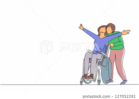 Continuous one line drawing happy disabled woman in wheelchair on walk with her loving husband outdoors, having fun, spending time together. Impaired couple enjoying fun day. Single line design vector 127052291