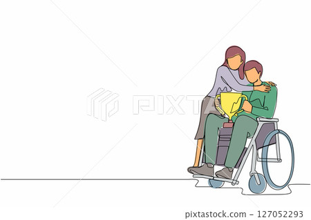 Single continuous line drawing disability man on wheelchair with trophy cup sharing his joy from achievements and victory with his wife. Disabled people success in sport. One line draw design vector 127052293