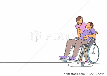 Single one line drawing wife embracing disabled husband sitting on wheelchair. Couple looking at each other with love. Woman holding hands of disable man. Continuous line draw design graphic vector 127052294