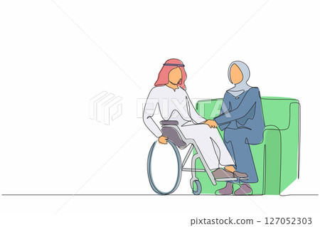 Single one line drawing Arabian couple with disability man in wheelchair holding hands with woman sitting on sofa. Assistance rehabilitation of disabled person. Continuous line design graphic vector 127052303