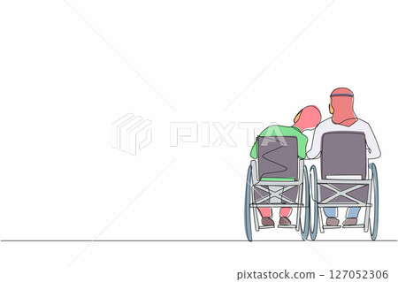 Single one line drawing back view Arabian couple with disabilities sit in wheelchairs talking each other. Woman rests her head on man's shoulder. People with disability. Continuous line design vector 127052306