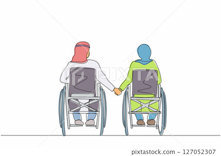 Single continuous line drawing back view of disabled people on wheelchair living happy active lifestyle. Disabled Arab couple man woman in wheelchair sitting and holding hands. One line design vector Single continuous line drawing back view of disabled people on wheelchair living happy active lifestyle. Disabled Arab couple man woman in wheelchair sitting and holding hands. One line design vector 127052307