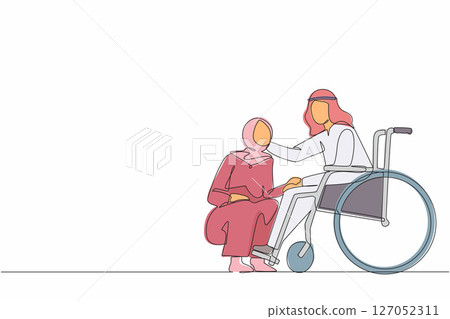 Single one line drawing Arab woman kneeling before man in wheelchair. Disabled husband sitting in wheelchair holding wife head in hospital ward. Continuous line draw design graphic vector illustration Single one line drawing Arab woman kneeling before man in wheelchair. Disabled husband sitting in wheelchair holding wife head in hospital ward. Continuous line draw design graphic vector illustration 127052311
